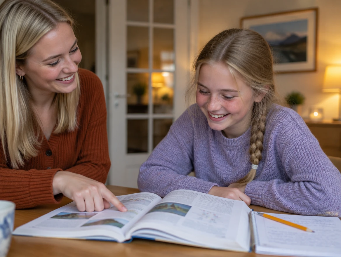 Privatlærer og elev ler sammen over en lærebok